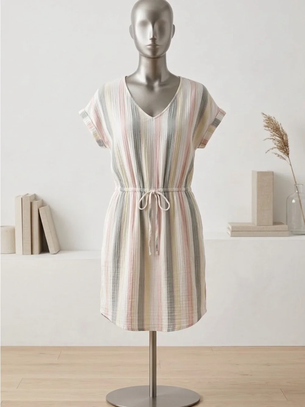 Women’s Pastel Multi-Stripe Drawstring Swim Cover-Up